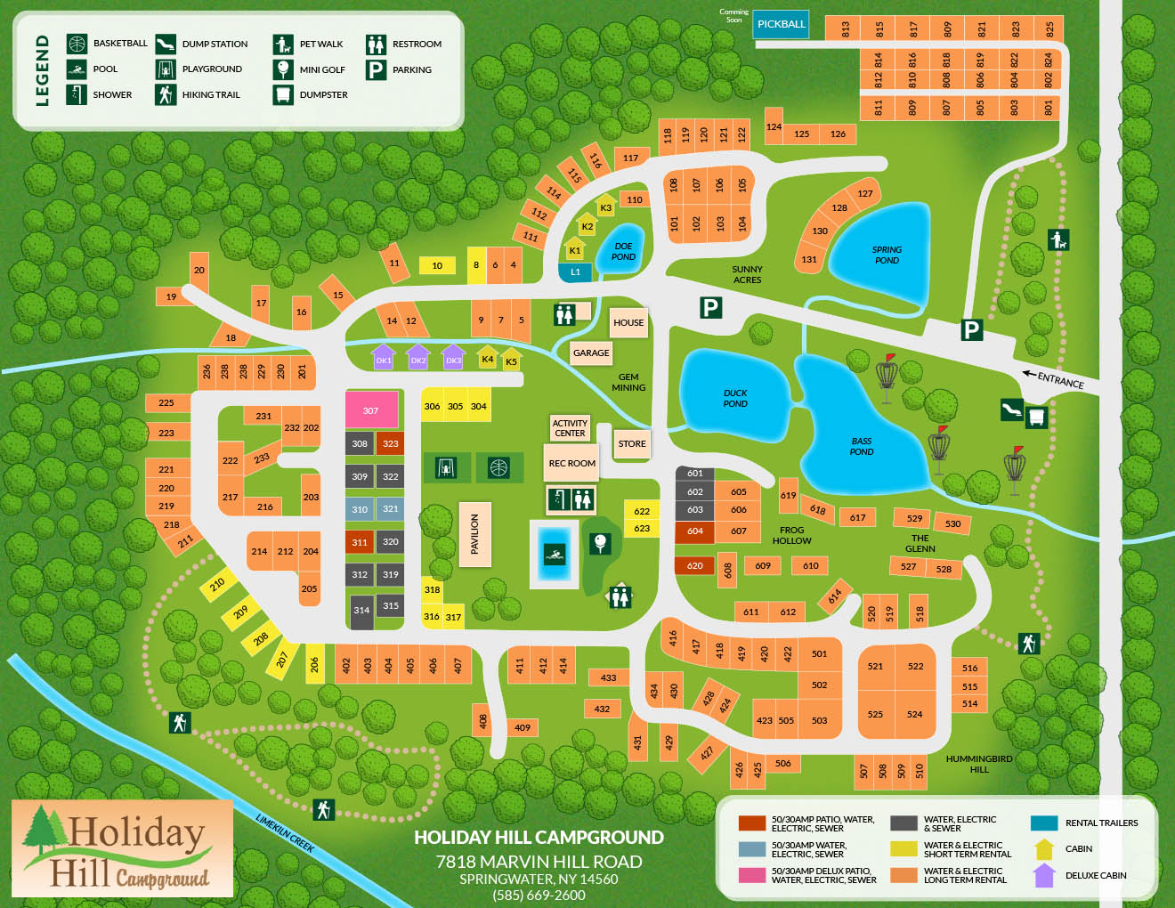 2026 map of Holiday Hill Campground in Springwater, NY showing campsites, cabins, roads, amenities, recreation areas, and campground facilities.